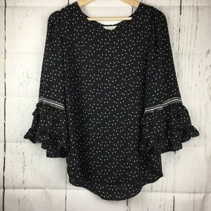 Max Studio Black Polka Dot Ruffle Blouse Sz M